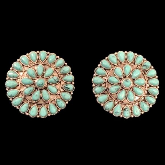 Western Cluster Work Concho Style Earrings - Silver Tone with Turquoise Accents - Picture 1 of 8